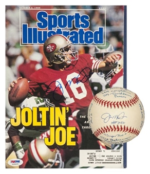 Lot of (2) Joe Montana Signed Sports Illustrated Magazine and Joe Montanna Stats Single Signed Baseball